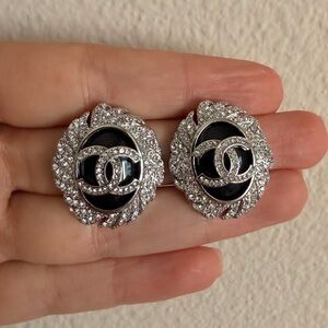 🖤Statement Chanel Black Resin CC Crystal Earrings✨